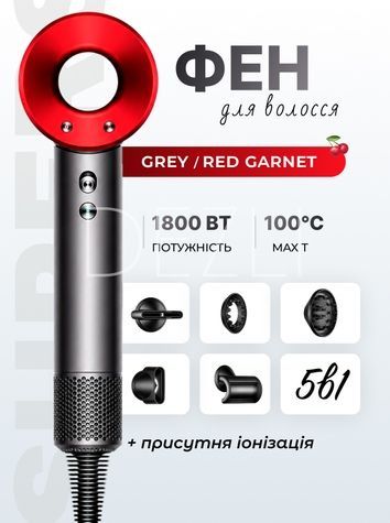 Фен 5 змінних насадок Grey/Red Garnet SH-121 фото