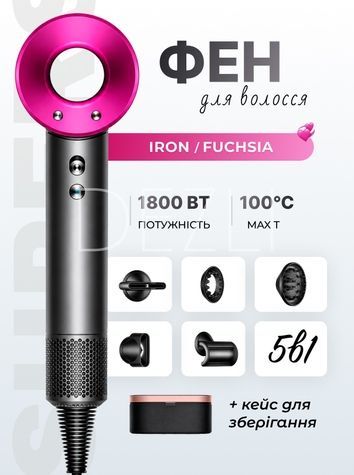 Фен 5 змінних насадок +КЕЙС Iron/Fuchsia SHК-120 фото